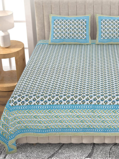 Regal Elegance Floral Print Pure Cotton Double Bed Bedsheet - Blue