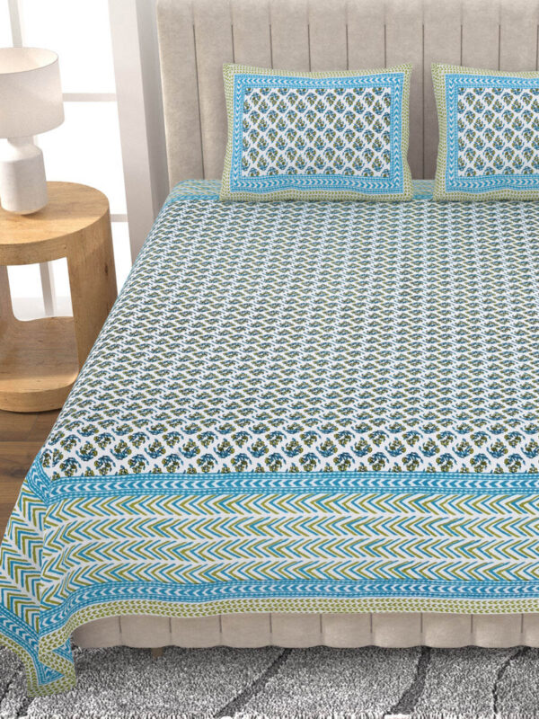 Regal Elegance Floral Print Pure Cotton Double Bed Bedsheet - Blue