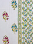 Karigari - Hand Block Printed Bedsheet with Green Floral Border & Boota Motifs