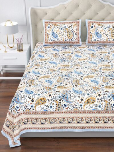 Magnolia - Paisley Printed Super King Size Bedsheet - 10ft by 10 ft Bedsheet - Sky Blue and Mustard