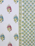 Karigari - Hand Block Printed Bedsheet with Green Floral Border & Boota Motifs