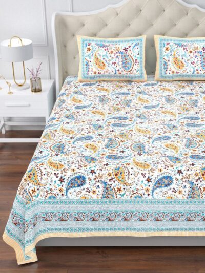 Urban Jaipur 100% Cotton Super King Size Bedsheet 120x120 Inches | Paisley Floral Print – Blue & Yellow | 240 TC Bed Sheet with 2 Pillow Covers