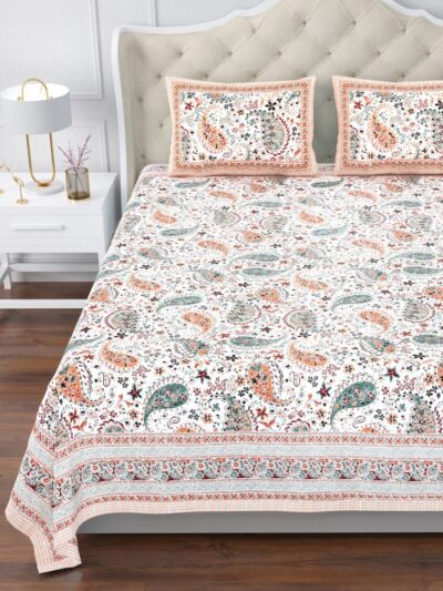 Urban Jaipur 100% Cotton Super King Size Bedsheet 120x120 Inches | Paisley Floral Print – Orange & Green | 240 TC Bed Sheet with 2 Pillow Covers