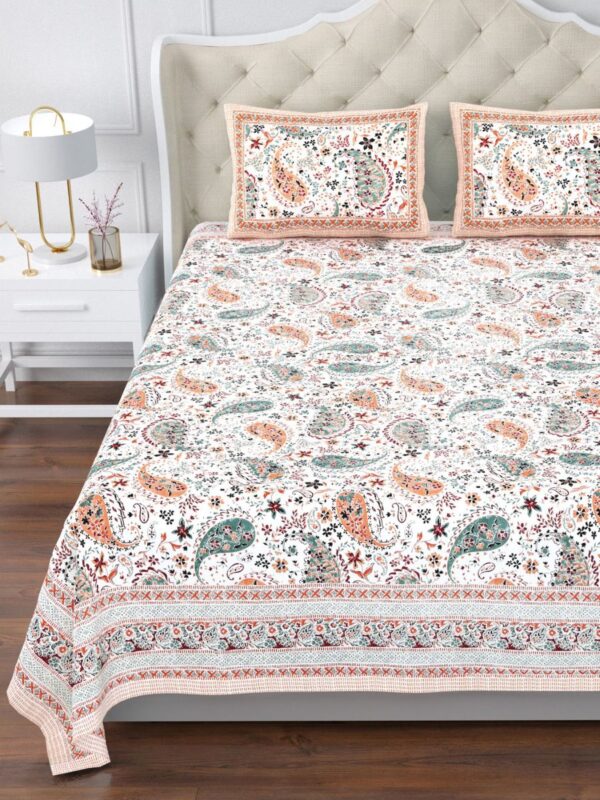 Urban Jaipur 100% Cotton Super King Size Bedsheet 120x120 Inches | Paisley Floral Print – Orange & Green | 240 TC Bed Sheet with 2 Pillow Covers