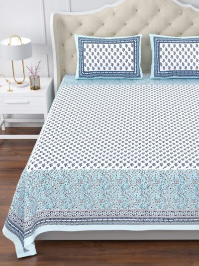 Magnolia - Buta Print Super King Size Bedsheet - 10ft by 10 ft Bedsheet - Sky Blue, Floral