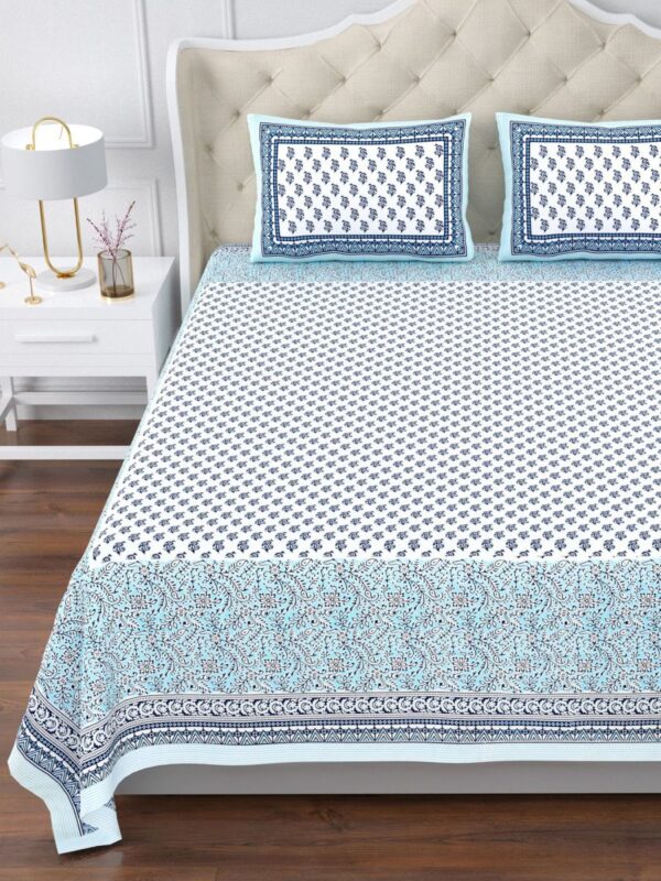 Magnolia - Buta Print Super King Size Bedsheet - 10ft by 10 ft Bedsheet - Sky Blue, Floral