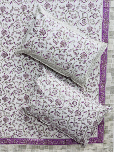 Kargari - Purple Floral Print Hand Block Printed Bedsheet Set