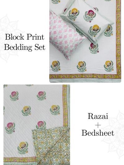 Pastel Bloom Hand Block Print Cotton Bedding Set – King Size (4-Piece Set)