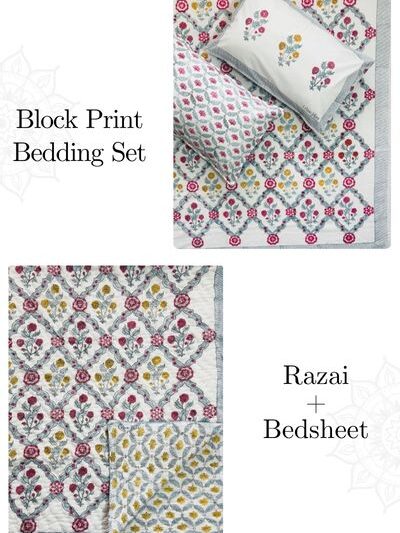 Elegant Garden Hand Block Print Cotton Bedding Set – King Size (4-Piece Set)