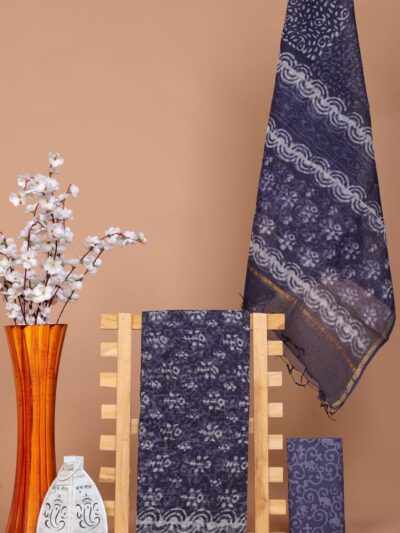 Elegant Grey Handblock Printed Kota Doria Unstitched Suit Set