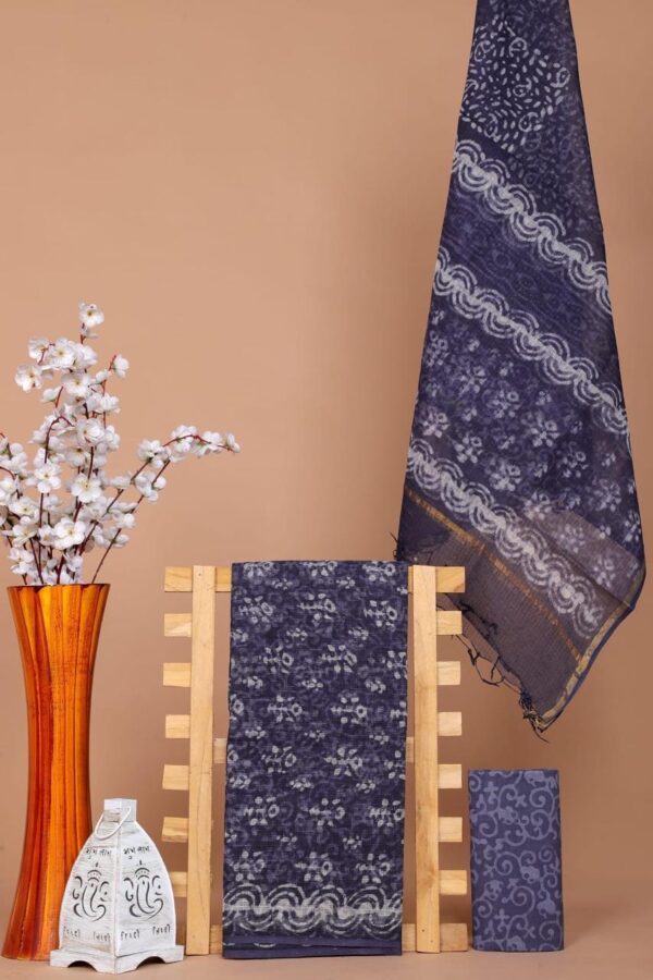 Elegant Grey Handblock Printed Kota Doria Unstitched Suit Set
