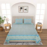 Regal Elegance Floral Print Pure Cotton Double Bed Bedsheet - Blue