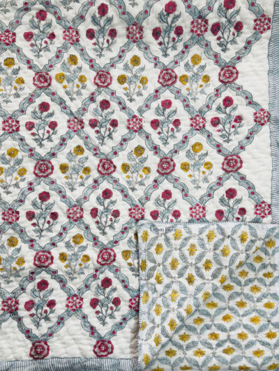 Reversible Hand Block Print Cotton Summer Quilt (Razai)- Grey and Red Garden Print