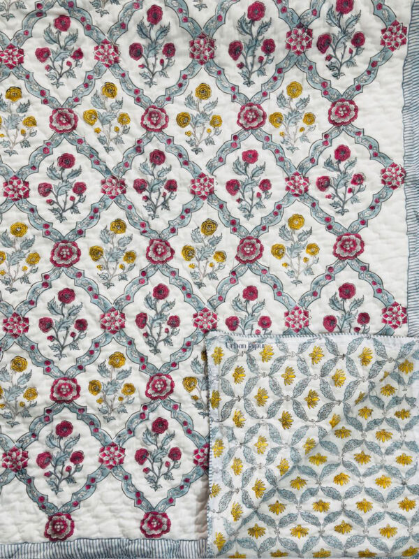 Reversible Hand Block Print Cotton Summer Quilt (Razai)- Grey and Red Garden Print