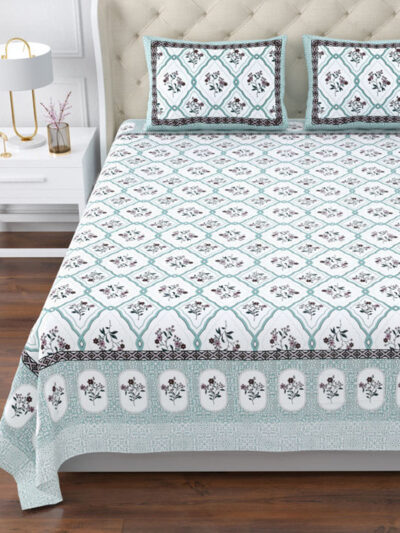 Magnolia - Diamond Floral Print Super King Size Bedsheet – 120x120 Inches – Aqua & White