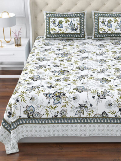 Magnolia - Floral Print Super King Size Bedsheet – 120x120 Inches – Green & Blue
