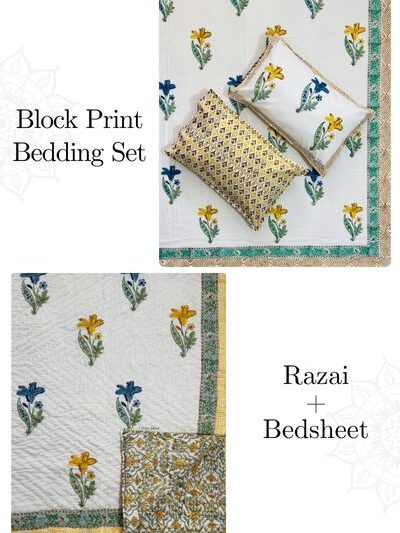 Block Print Bedding Set Of 4 Pcs - Block Print Quilt + King Size Bedsheet (Floral Print)