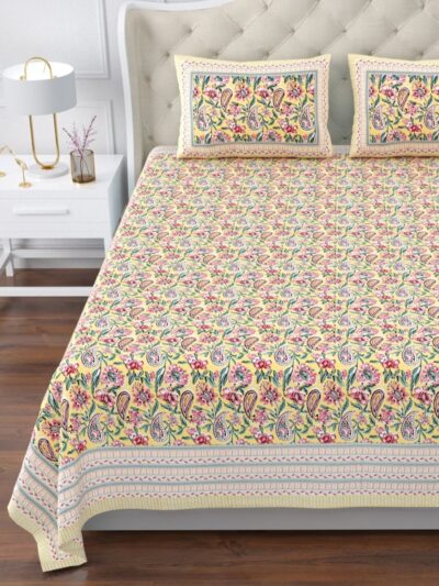 Magnolia - Buta Print Super King Size Bedsheet - 10ft by 10 ft Bedsheet - Floral Paisley Print, Yellow