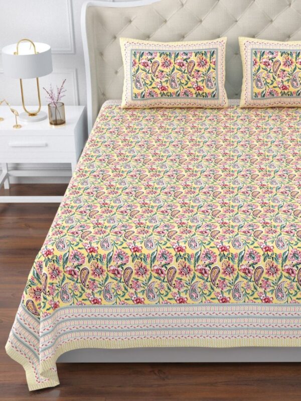 Magnolia - Buta Print Super King Size Bedsheet - 10ft by 10 ft Bedsheet - Floral Paisley Print, Yellow