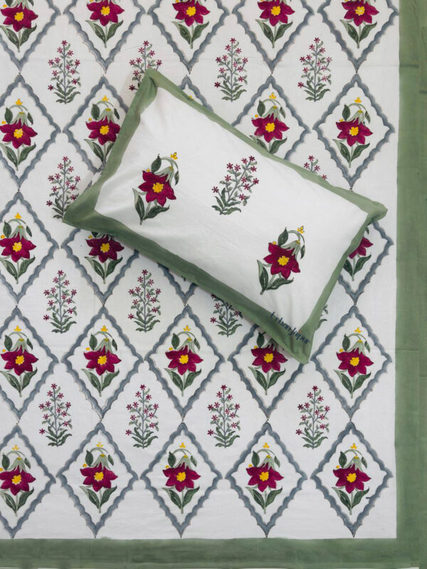 Harmony - Hand Block Print King Size Bedsheet | Mughal Jaal - Green, Grey