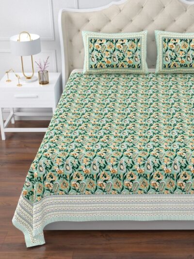 King Size Cotton Bedsheet in Green Floral Paisley Print – 120x120 Inches