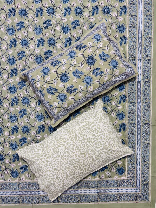 Harmony– Handcrafted Block Print Cotton Bedsheet (King Size) – Serene Sage Elegance