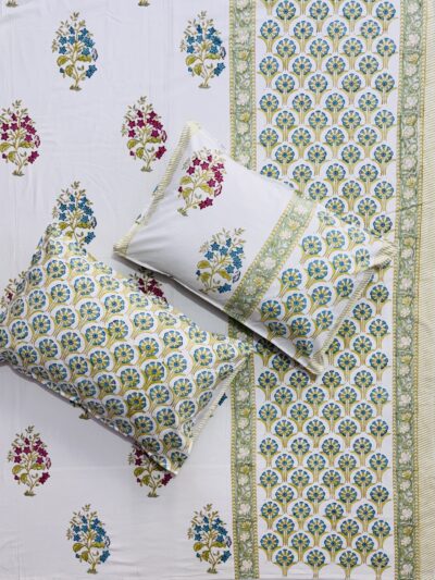 Karigari - Hand Block Printed Bedsheet with Green Floral Border & Boota Motifs