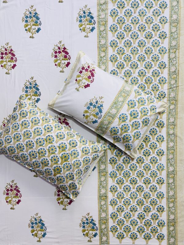 Karigari - Hand Block Printed Bedsheet with Green Floral Border & Boota Motifs