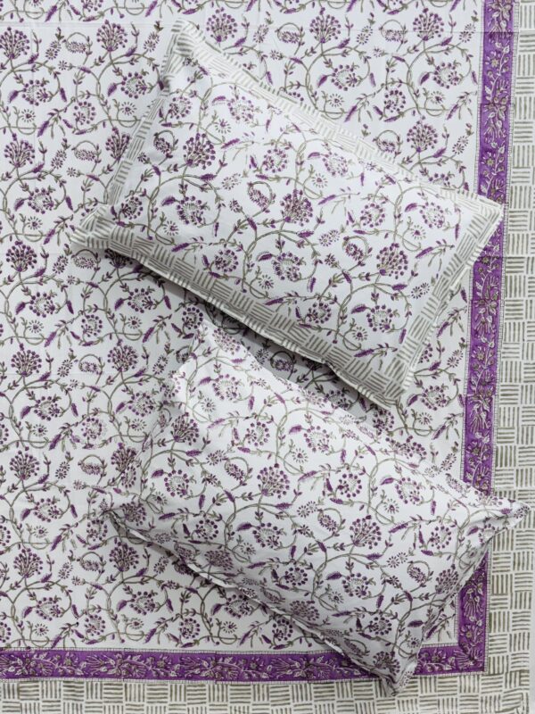 Kargari - Purple Floral Print Hand Block Printed Bedsheet Set