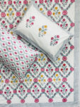 Harmony - Pink & Mustard Floral Jaal Hand Block Printed Cotton Bedsheet