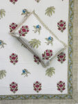 Harmony - Floral & Palm Hand Block Printed King Size Bedsheet in Pink & Green Accents