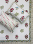 Harmony - Floral & Palm Hand Block Printed King Size Bedsheet in Pink & Green Accents