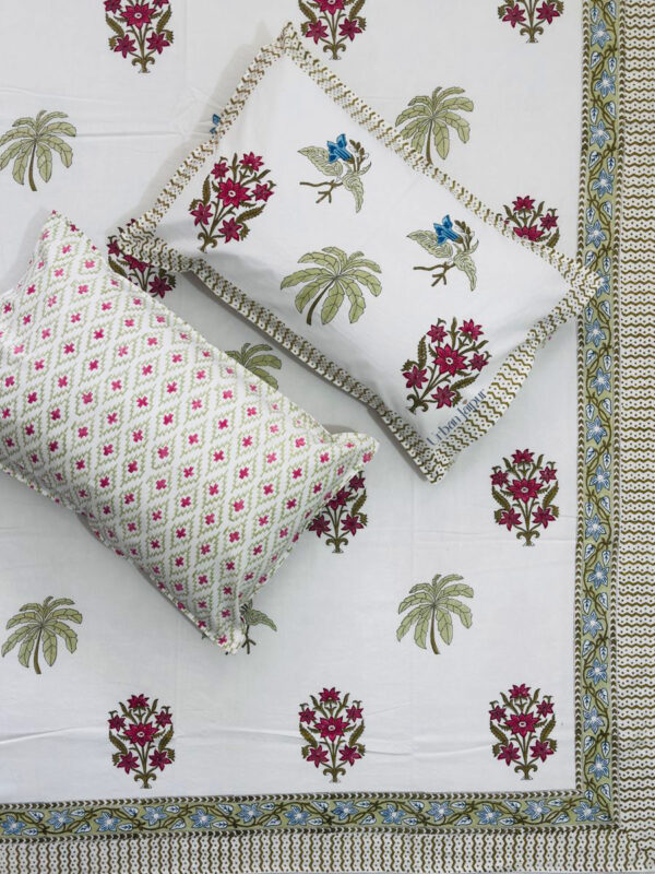 Harmony - Floral & Palm Hand Block Printed King Size Bedsheet in Pink & Green Accents