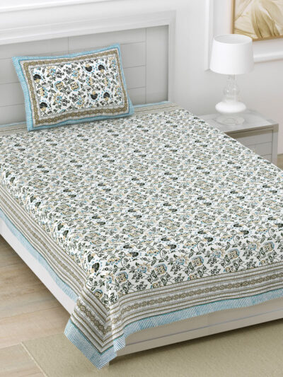 Ethnic Floral Printed Pure Cotton Bedsheet with Pillow Cover (Single/Double Size)- Brown