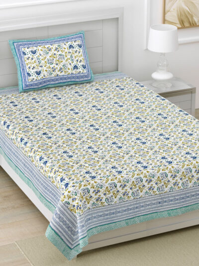Ethnic Floral Printed Pure Cotton Bedsheet with Pillow Cover (Single/Double Size)- Blue