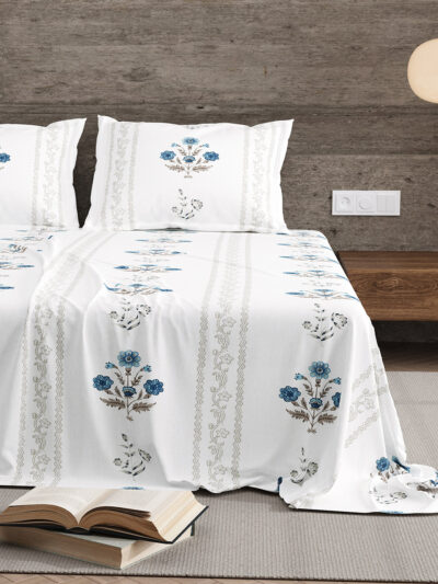 Kalakriti - Blue Floral King Size Bedsheet Set | 100% Mercerised Cotton | 100 x 108 Inches