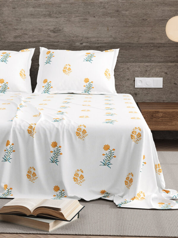 Kalakriti - Yellow Floral Pure Cotton Floral Jaipuri King Size Bedsheet Set - 100x108 Inches