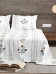 Teal & Brown Floral Jaipuri King Size Bedsheet Set in Mercerised Cotton (100x108 Inches)