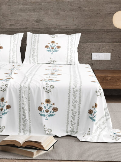 Teal & Brown Floral Jaipuri King Size Bedsheet Set in Mercerised Cotton (100x108 Inches)