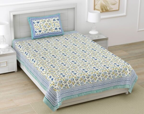 Ethnic Floral Prints 210 TC Single Bedsheet Pure Cotton With Pillow Cover - Blue