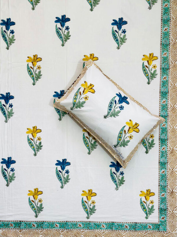 Harmony - Hand Block Print King Size Bedsheet | Floral Print - Yellow, Blue