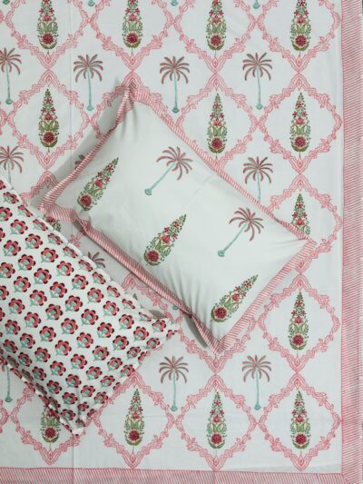 Harmony – Percale Cotton King Size Bedsheet | Bright Pink Vine with Palm Tree & Boota Motifs