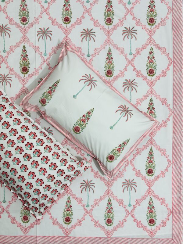 Harmony – Percale Cotton King Size Bedsheet | Bright Pink Vine with Palm Tree & Boota Motifs
