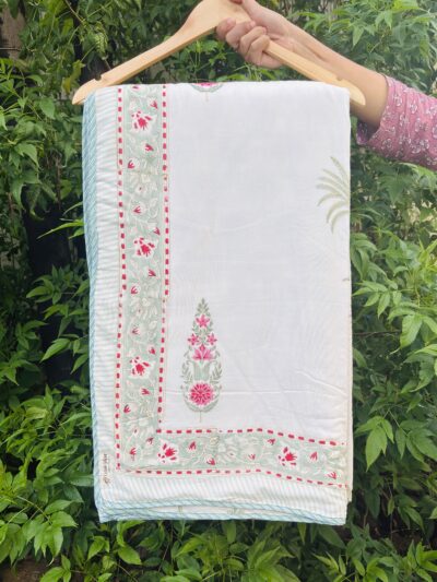 Vrishti Hand Block Printed Reversible Cotton Dohar – Double Bed (Grey & Red Botanical)