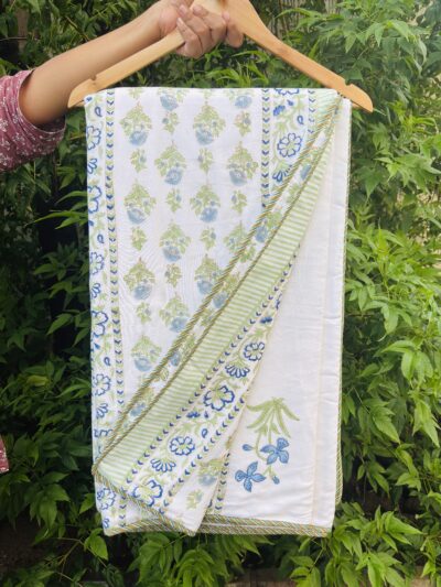 Aarunya Hand Block Printed Double & Single Bed Cotton Dohar – Blue & Green