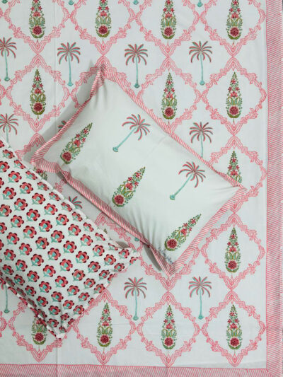 Harmony – Percale Cotton King Size Bedsheet | Bright Pink Vine with Palm Tree & Boota Motifs