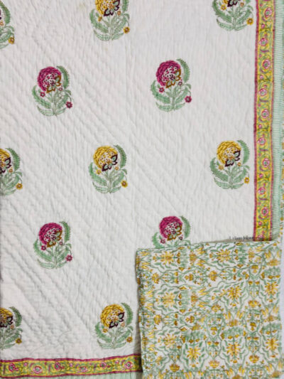 Marigold Meadow Reversible Hand Block Print Cotton Summer Quilt (Razai)
