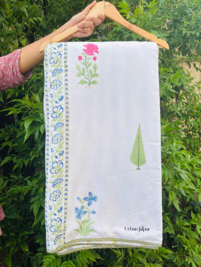 Aarunya Hand Block Printed Double & Single Bed Cotton Dohar – Blue & Green