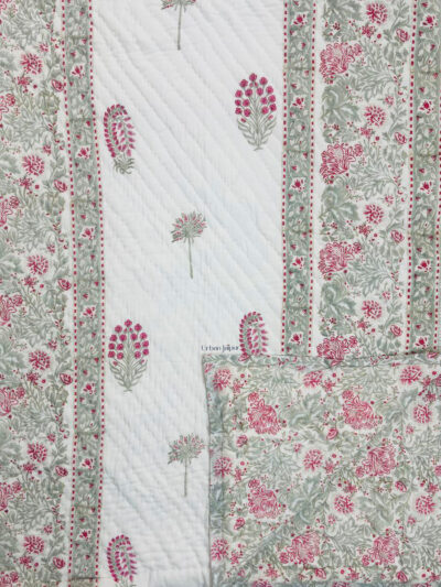 Tasya – Hand Block Printed Jaipuri Razai in Red & Grey Leaf Motif (Double Bed)