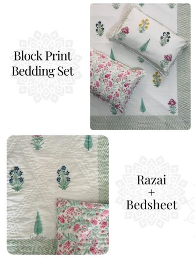 Tulika – Luxurious Hand Block Printed Bedding Set (Quilt + Percale Bedsheet + 2 Pillow Covers)